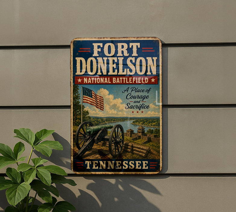 A vintage-style metal sign for Fort Donelson, Tennessee, featuring an American flag and a cannon, mounted on a wall.