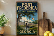 A vintage-style poster of Fort Frederick, a National Monument in Georgia, featuring a scenic landscape with a bridge and palm trees.