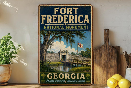 A vintage-style poster of Fort Frederick, a National Monument in Georgia, featuring a scenic landscape with a bridge and palm trees.