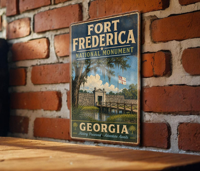 A vintage-style metal sign for Fort Frederick, a National Monument in Georgia, featuring a scenic image of the fort and its surroundings.