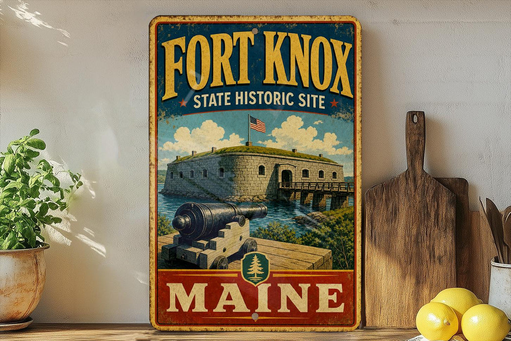 A vintage-style metal sign for Fort Knox, Maine, featuring an illustration of the fort and a cannon, with the text "Fort Knox State Historic Site" and "MAINE" prominently displayed.