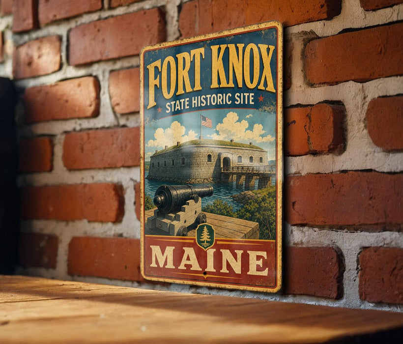 A vintage-style metal sign for the Fort Knox State Historic Site in Maine, featuring an illustration of a cannon and a building, mounted on a brick wall.