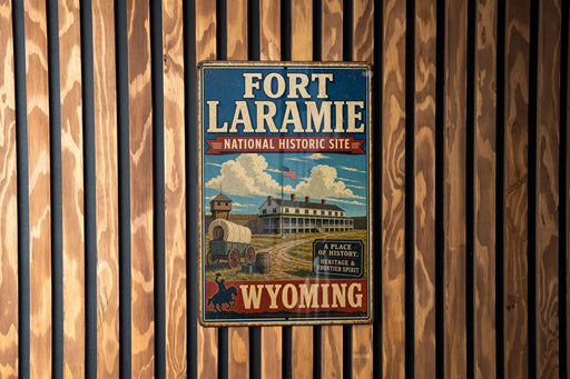 A vintage-style sign for the Fort Laramie National Historic Site in Wyoming, featuring an illustration of a building and a wagon.