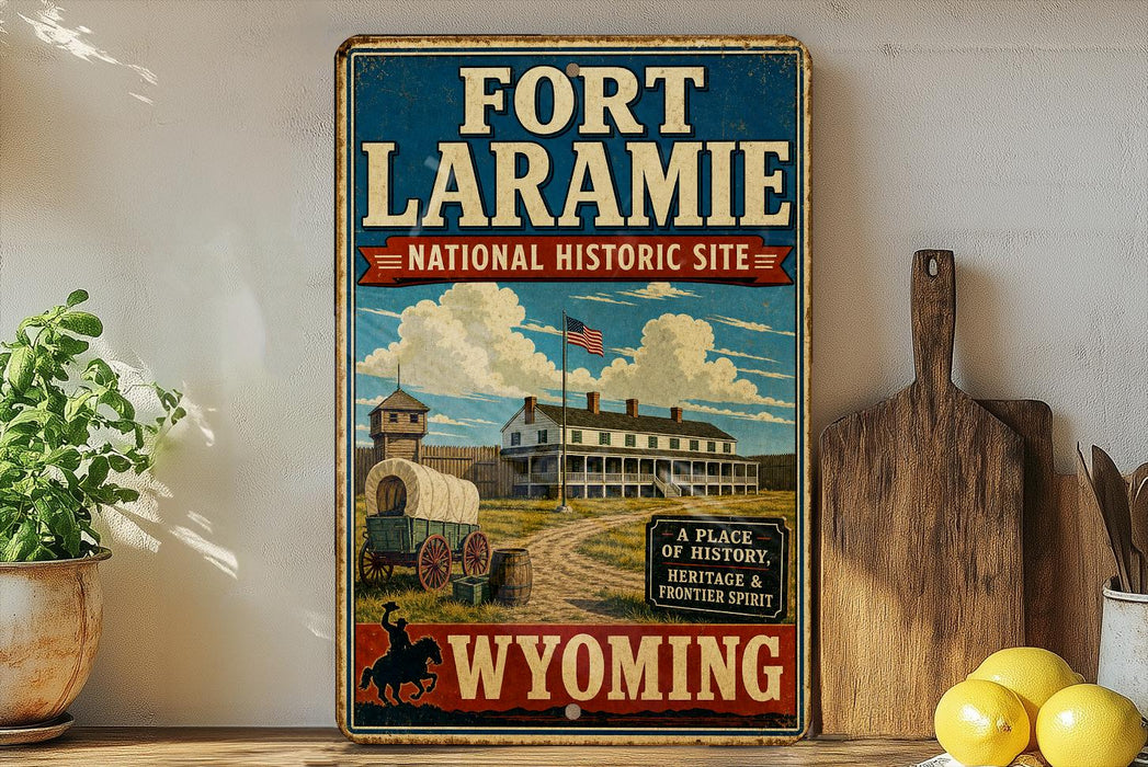 A vintage-style sign for the Fort Laramie National Historic Site in Wyoming, featuring an illustration of a wagon train and a large white house.