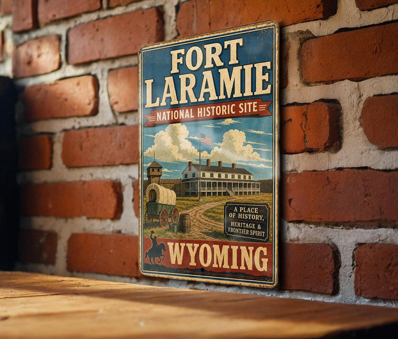 A vintage-style sign for the Fort Laramie National Historic Site, featuring an illustration of a building and a wagon, mounted on a brick wall.