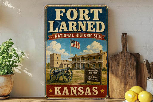 A vintage-style sign for the Fort Laredo National Historic Site in Kansas, featuring an American flag and a cannon, with a wooden paddle and a potted plant in the background.