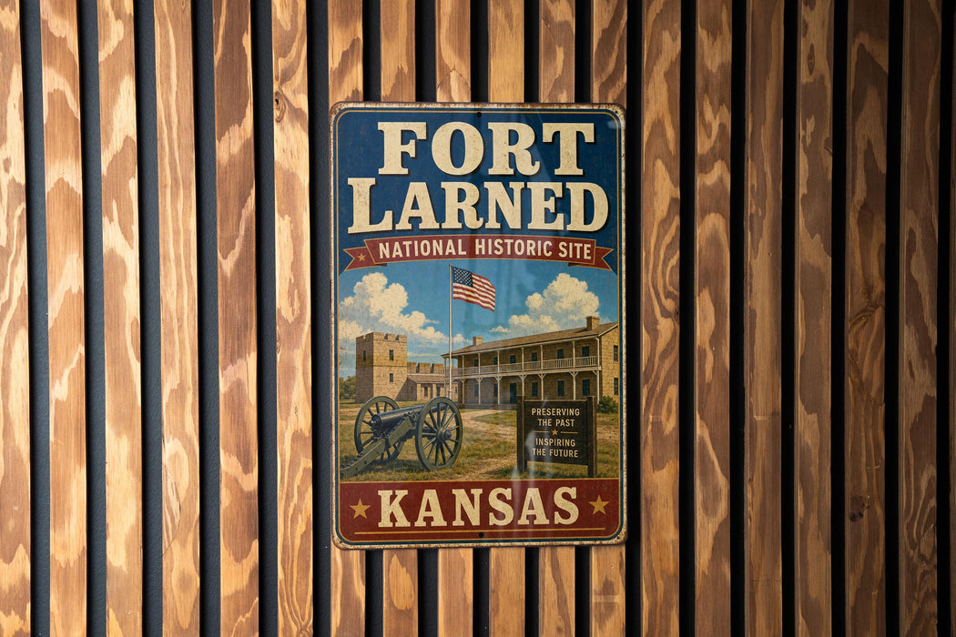 A vintage-style metal sign for the Fort Larned National Historic Site in Kansas, featuring an image of a cannon and a building.