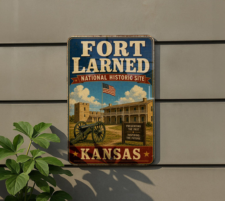 A vintage-style sign for the Fort Laredo National Historic Site in Kansas, featuring an American flag and a building with a cannon.
