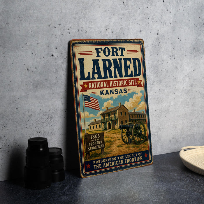A vintage-style metal sign for the Fort Larned National Historic Site in Kansas, featuring an illustration of a historic building and a cannon.