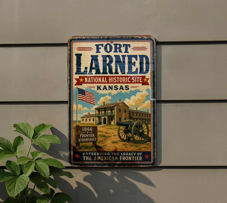 A vintage-style metal sign for the Fort Larned National Historic Site in Kansas, featuring an illustration of a cannon and a building.
