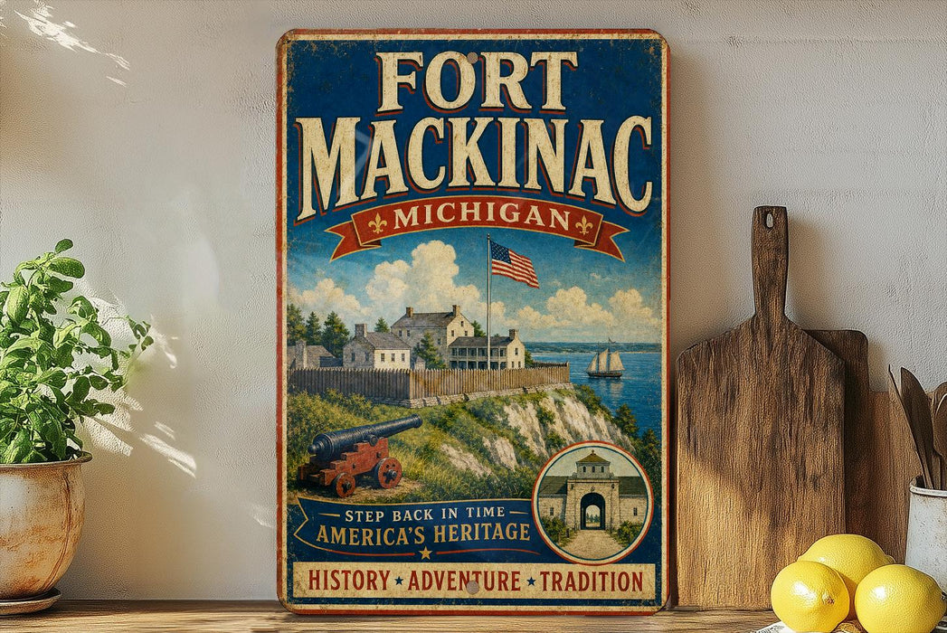 A vintage-style metal sign for Fort Mackinac, Michigan, featuring an illustration of the fort and surrounding landscape.