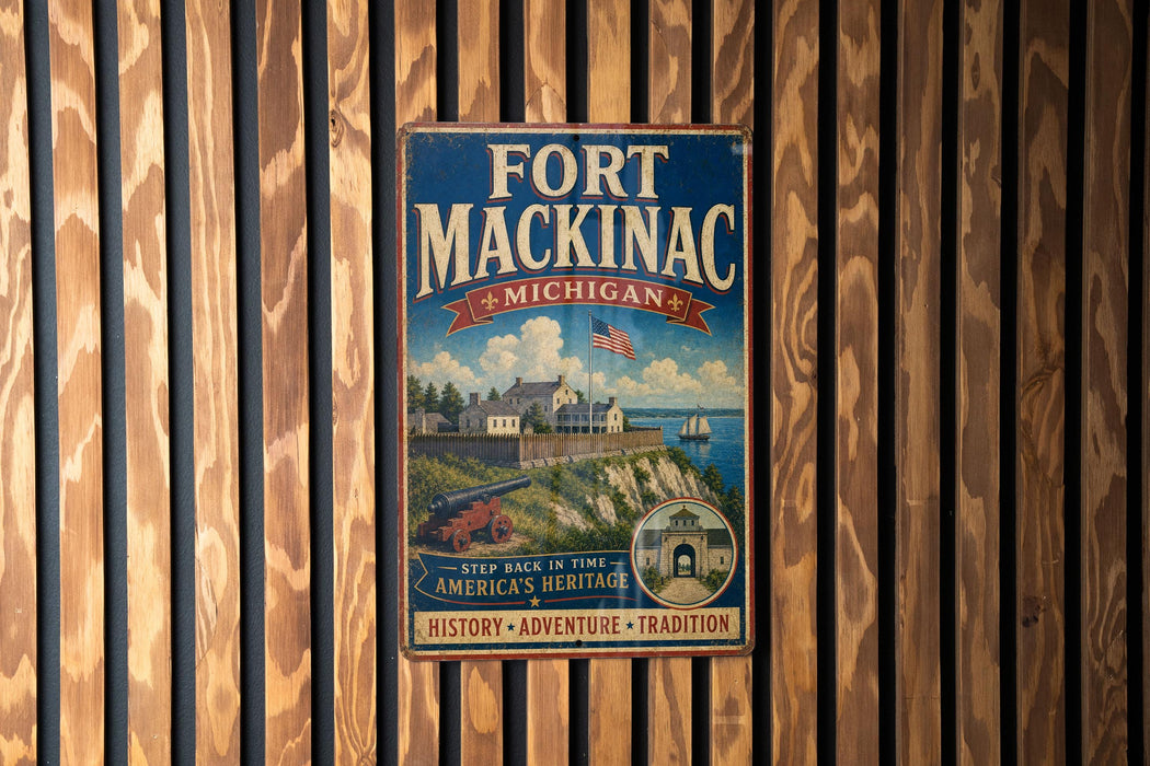 A vintage metal sign for Fort Mackinac, Michigan, featuring a scenic illustration of the fort and surrounding landscape.