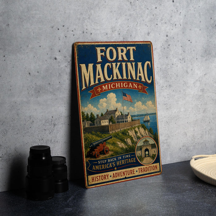 A vintage-style metal sign for Fort Mackinac, Michigan, featuring an illustration of the fort and surrounding landscape.