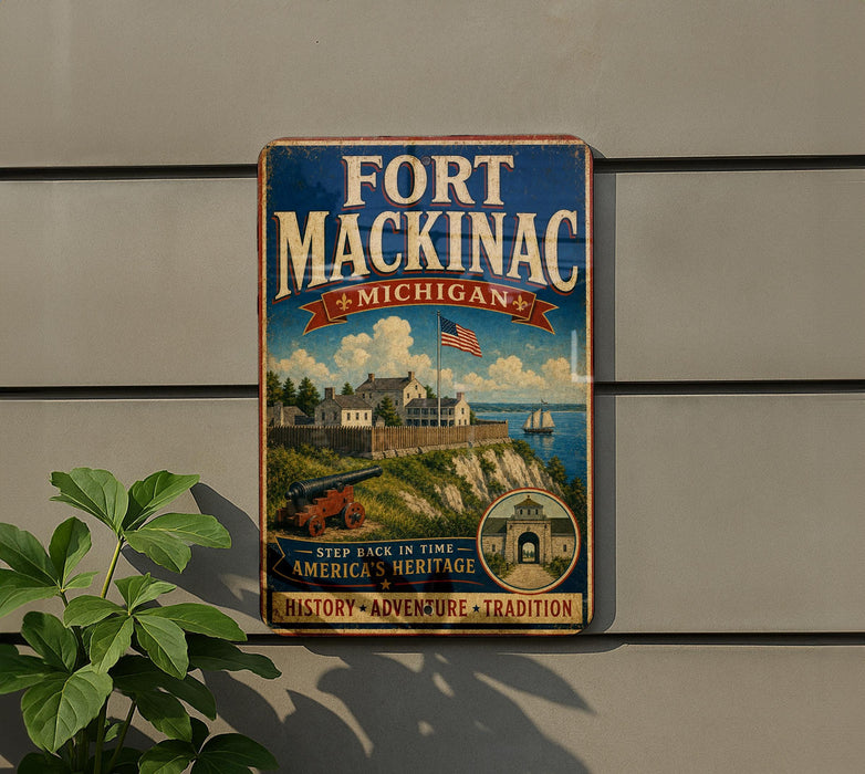 A vintage metal sign for Fort Mackinac, Michigan, featuring a scenic illustration of the fort and surrounding landscape.