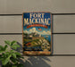 A vintage metal sign for Fort Mackinac, Michigan, featuring a scenic illustration of the fort and surrounding landscape.