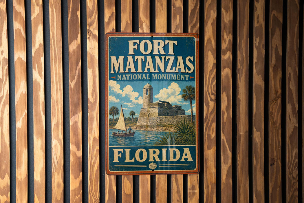 A vintage-style sign for Fort Matanzas National Monument in Florida, featuring a castle and palm trees, is displayed on a wooden wall.