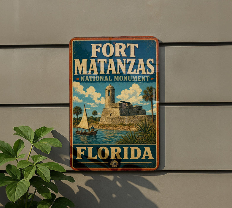 A vintage-style sign for Fort Matanzas National Monument in Florida, featuring a castle, palm trees, and a sailboat.