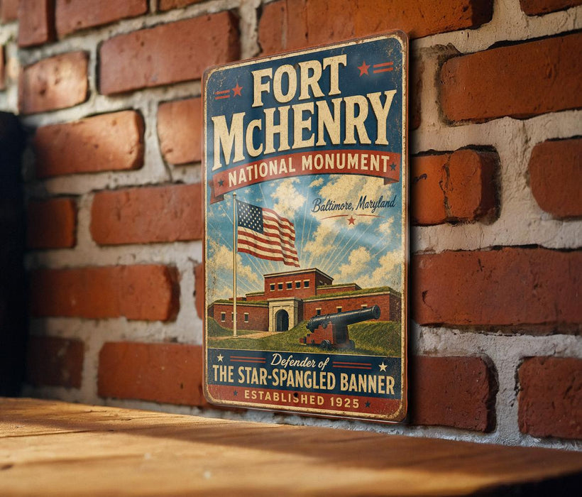 A vintage-style metal sign for the Fort Mchenry National Monument in Baltimore, Maryland, featuring an American flag and a building with a cannon.