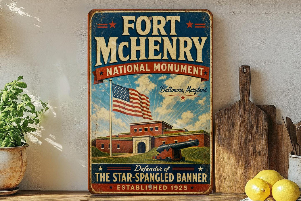 A vintage-style sign for the Fort Mchenry National Monument in Baltimore, Maryland, featuring an American flag and a building with a cannon.