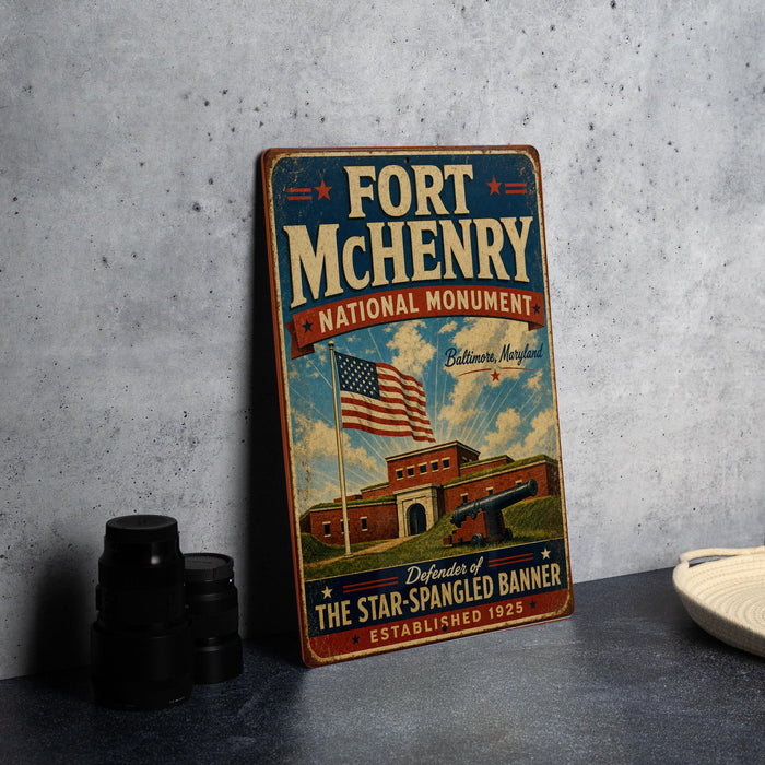 A vintage-style sign for Fort Mchenry National Monument in Baltimore, Maryland, featuring an American flag and a building with a cannon.