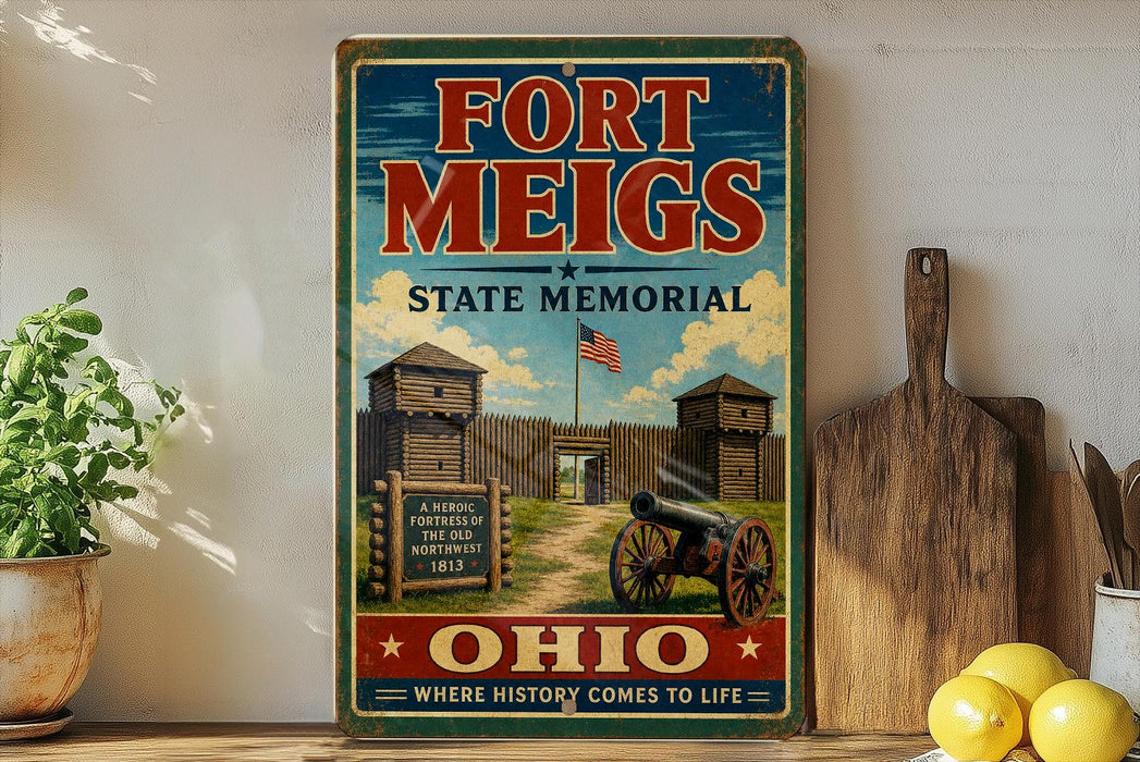 A vintage-style sign for the Fort Meigs State Memorial in Ohio, featuring a wooden fort with a cannon and a sign that reads "A Heroic Fortress of the Northwest 1819".