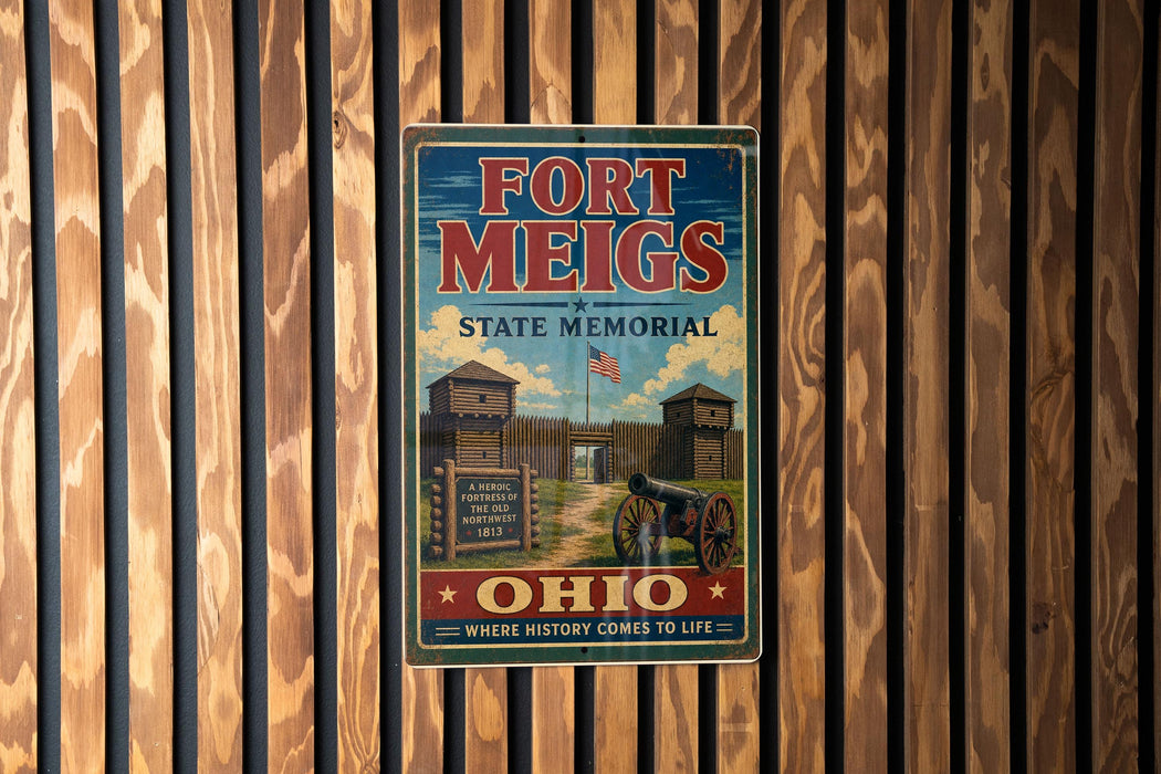 A vintage-style metal sign for the Fort Meigs State Memorial, featuring a cannon and a wooden fortification, is displayed on a wooden wall.