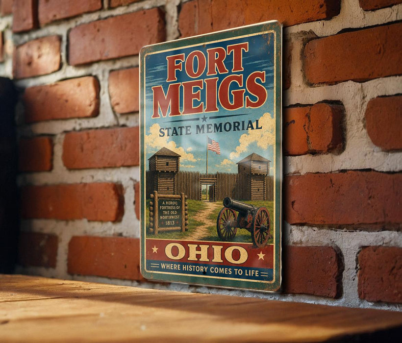 A vintage-style sign for the Fort Meigs State Memorial, featuring a cannon and a wooden fort, is displayed on a brick wall.