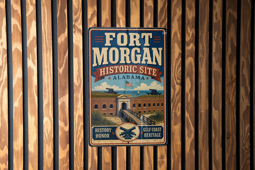 A vintage-style metal sign for the Fort Morgan Historic Site in Alabama, featuring an illustration of the historic site with a prominent American flag.
