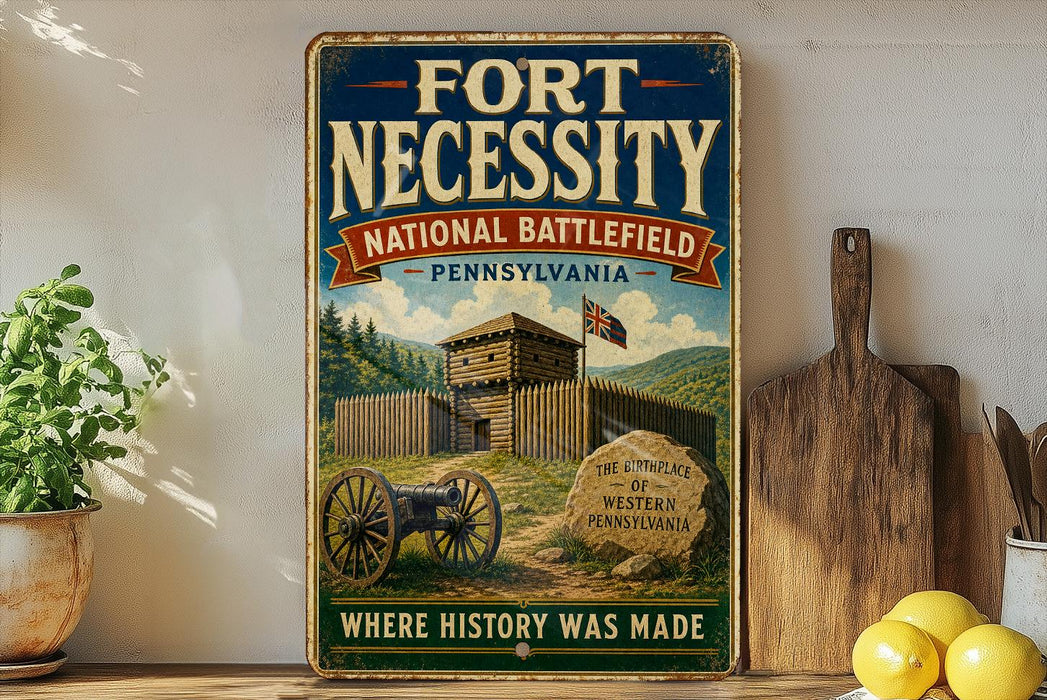 a vintage-style sign for the Fort Necessity National Battlefield in Pennsylvania, with a wooden fence and a cannon in the foreground.