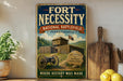a vintage-style sign for the Fort Necessity National Battlefield in Pennsylvania, with a wooden fence and a cannon in the foreground.