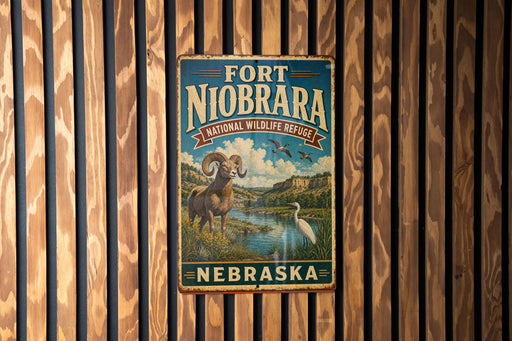 A vintage-style metal sign for Fort Niobrara National Wildlife Refuge in Nebraska, featuring an illustration of a ram and a bird in a natural setting.