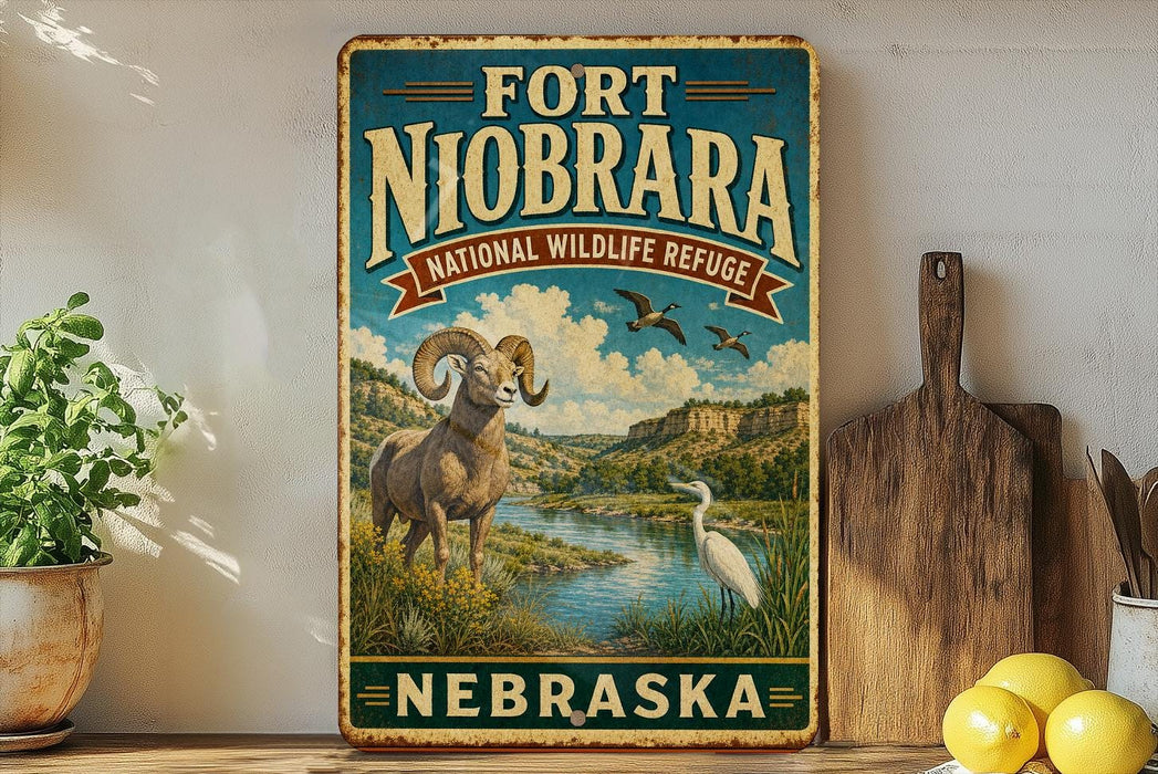 A vintage-style sign for the Fort Niobrara National Wildlife Refuge in Nebraska, featuring an illustration of a ram and a white egret in a scenic landscape.