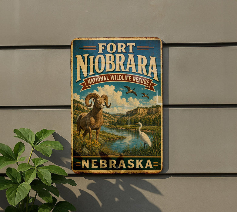 A vintage-style sign for the Fort Niobrara National Wildlife Refuge in Nebraska, featuring a large rams and a white heron in a scenic landscape.
