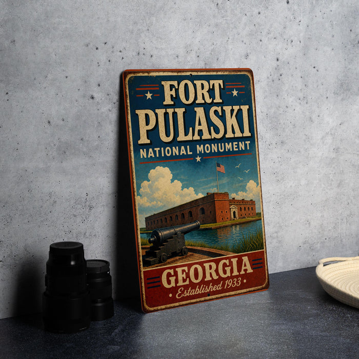 A vintage-style metal sign for Fort Pulaski, the National Monument in Georgia, featuring an illustration of the fort and its surroundings.