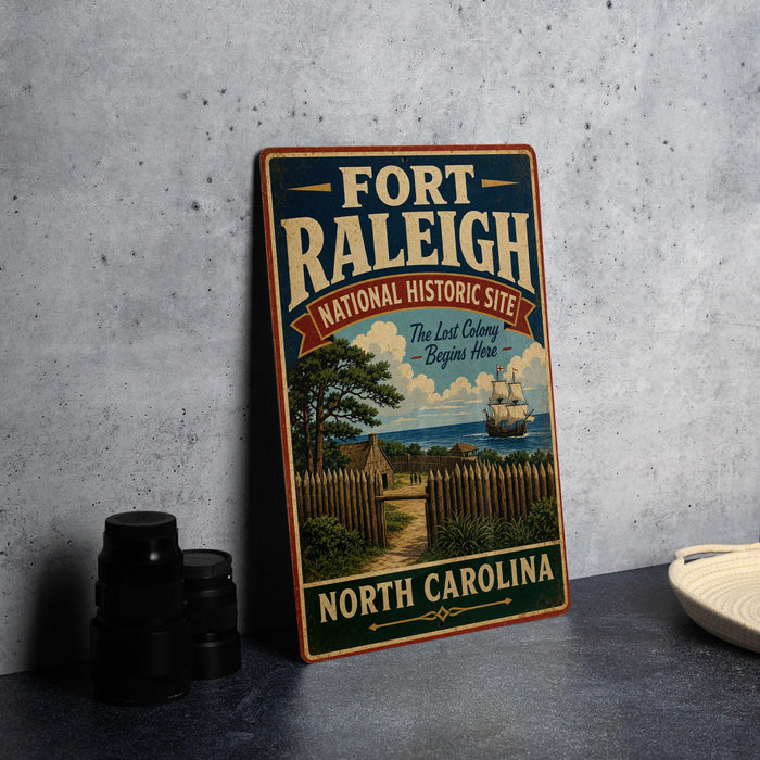 A vintage-style metal sign for Fort Raleigh, North Carolina, featuring a ship and a coastal scene.
