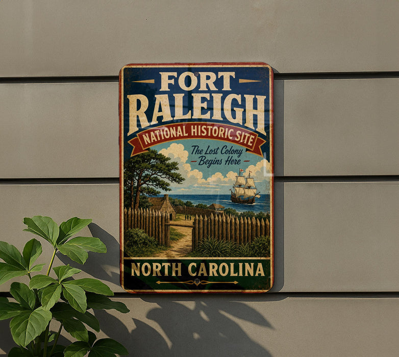 a vintage-style sign for the Fort Raleigh National Historic Site in North Carolina, with a ship and a wooden fence in the background.