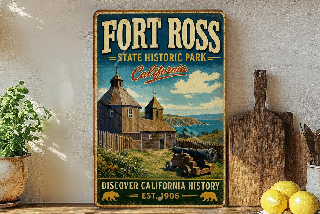 A vintage-style sign for Fort Ross State Historic Park in California, featuring a wooden building and a cannon, with the text "Discovery California History" and "Est. 1906" below.