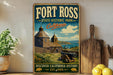 A vintage-style sign for Fort Ross State Historic Park in California, featuring a wooden building and a cannon, with the text "Discovery California History" and "Est. 1906" below.