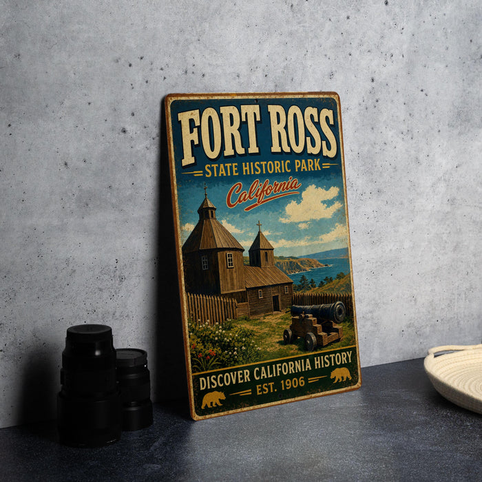 A vintage-style metal sign for Fort Ross State Historic Park in California, featuring an illustration of a historical building and a cannon.