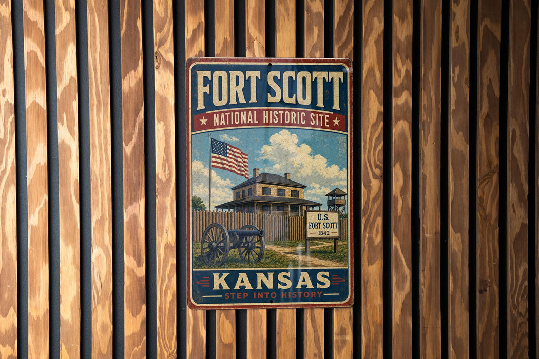 A vintage-style metal sign for the Fort Scott National Historic Site in Kansas, featuring an American flag and a building with a wooden fence.