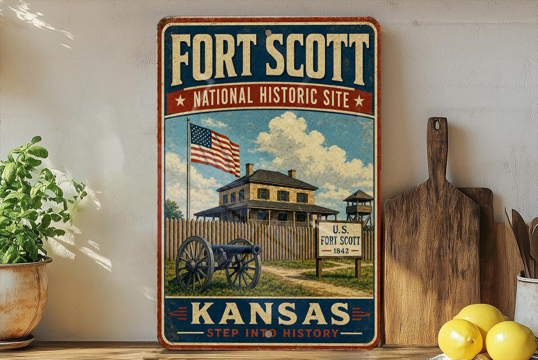 A vintage-style sign for the Fort Scott National Historic Site in Kansas, featuring an American flag and a wooden fence with a house in the background.