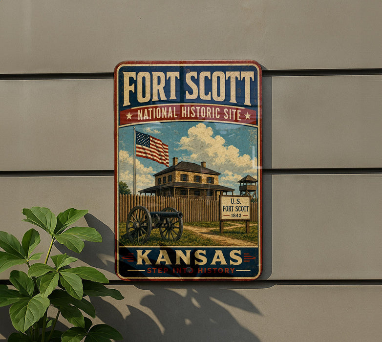 a sign for the Fort Scott National Historic Site in Kansas, with an American flag and a building depicted on the sign.