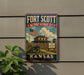 a sign for the Fort Scott National Historic Site in Kansas, with an American flag and a building depicted on the sign.