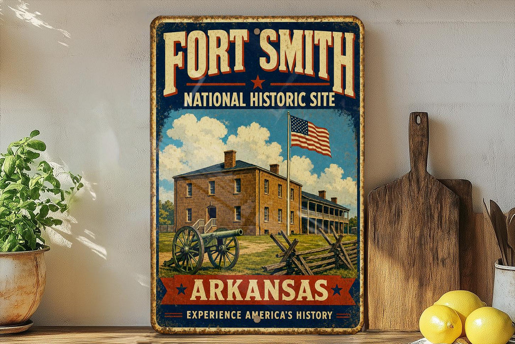 A vintage-style metal sign for Fort Smith, Arkansas, featuring an illustration of a historic building with an American flag in the background.
