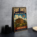 A vintage-style metal sign for the Fort Smith National Historic Site in Arkansas, featuring an illustration of a historic building and a cannon.
