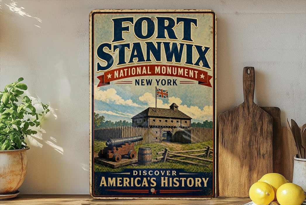 a vintage-style sign for the Fort Stanwix National Monument in New York, with a wooden board and a potted plant in the foreground.