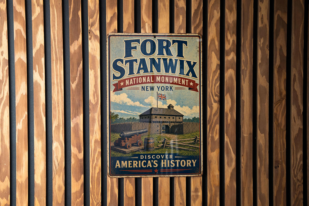 A vintage-style metal sign for the Fort Stanwix National Monument in New York, featuring an illustration of the fort and its surroundings.