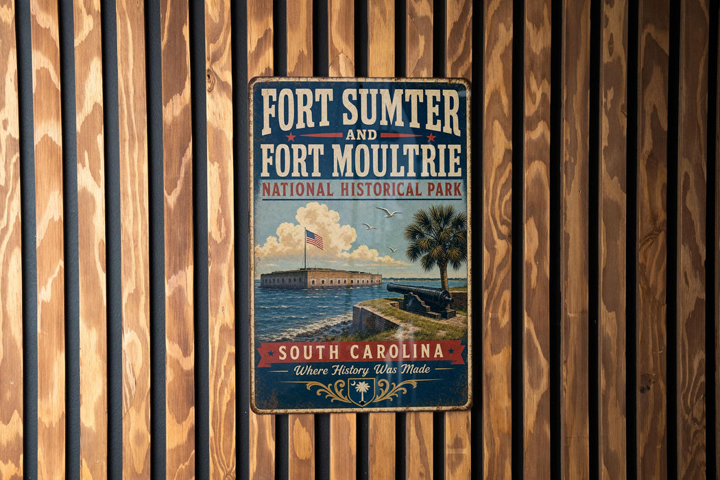 A vintage-style metal sign for Fort Sumter and Fort Moultrie, located in South Carolina, with a palm tree and a cannon in the background.