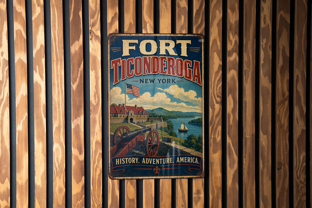 A vintage metal sign for Fort Ticonderoga, New York, featuring a scenic illustration of the fort and surrounding landscape.