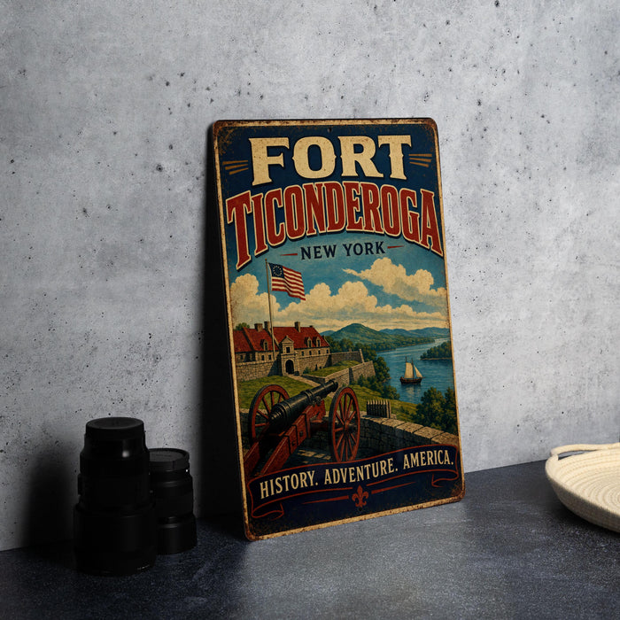 A vintage-style sign for Fort Ticonderoga, New York, featuring an illustration of the fort and surrounding landscape.
